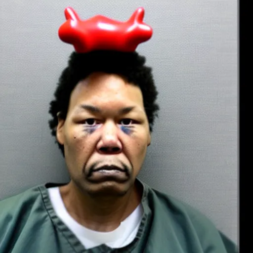 Prompt: inmate with chicken head, mugshot in a police station