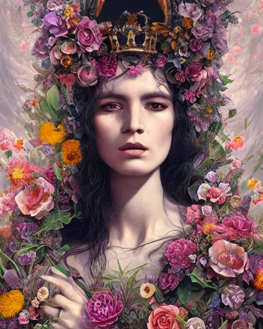 Image similar to portrait of the mexican queen of the underworld, surrounded by flowers by karol bak, james jean, tom bagshaw, rococo, sharp focus, trending on artstation, cinematic lighting, hyper realism, octane render, 8 k, hyper detailed.