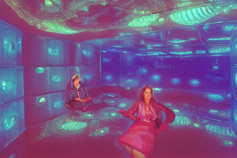 Prompt: high-angle view of a vivacious female jellyfish human hybrids wearing vacuum tube amp discowear with transparent digital number readout floating in front of face, sitting inside of a flooded 1970s luxury bungalow cabin with infinity mirror table, submersible vessel seamlessly clipping through wall, suspended soviet computer console on ceiling, ektachrome color photograph, volumetric lighting, off-camera flash, 24mm f8 aperture