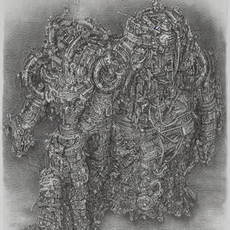 Prompt: A detailed engraving of a giant hindu robot god in the style of gustave dore