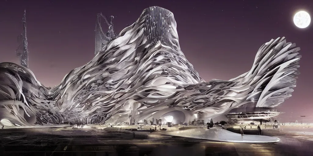 Image similar to fantasy city with moon by zaha Hadid trending on artsation