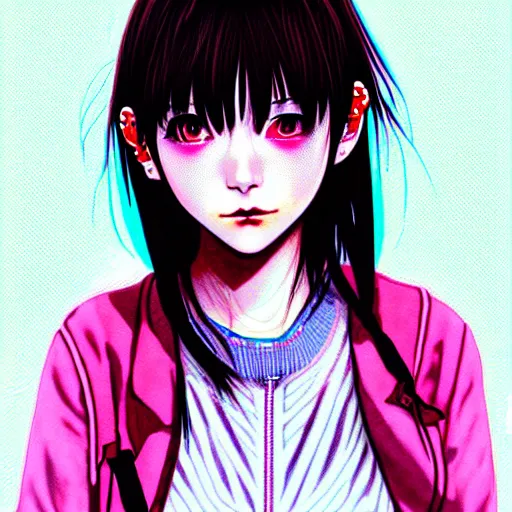 Image similar to full view of girl from serial experiments lain, style of yoshii chie and hikari shimoda and martine johanna, highly detailed