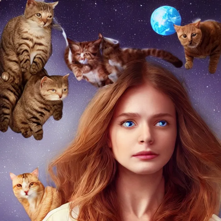 Image similar to the face of a beautiful girl from the future, surrounded by cats, flies in a spaceship, detailed, concept matte painting