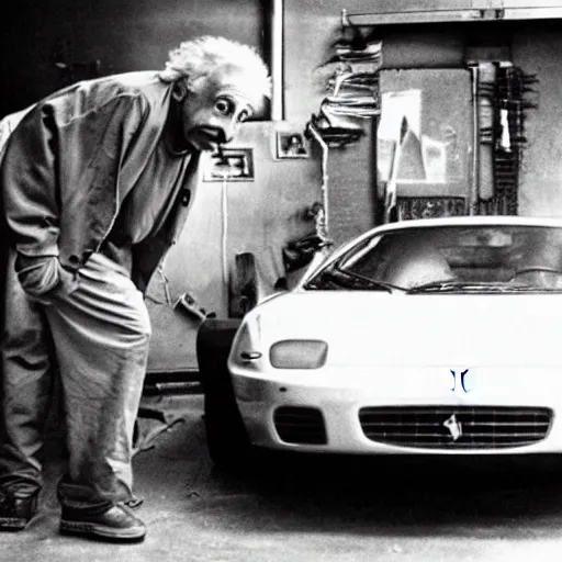 Image similar to “Einstein fixing a ferrari in his garage, 35mm photograph”