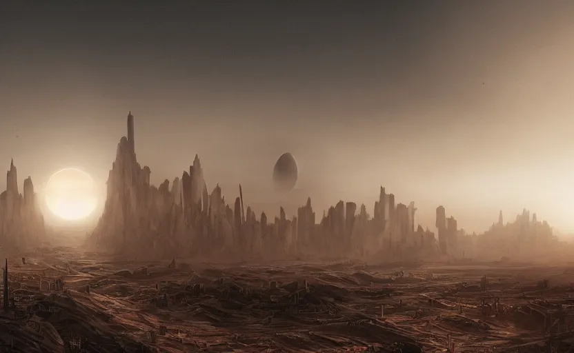 Image similar to matte painting of a desert landscape of a science fiction city, two suns, gloomy, fog, elaborate, detailed digital art trending in artstation