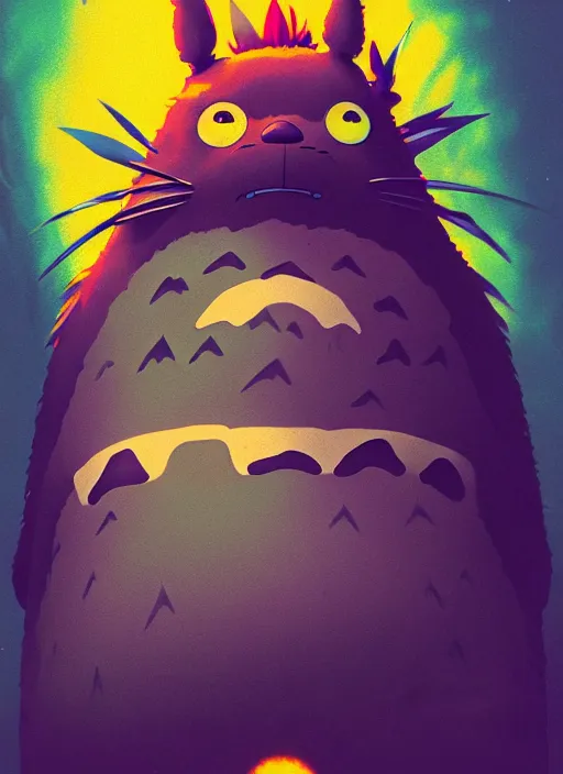 Prompt: A psychedelic portrait of my neighbor totoro, vibrant color scheme, highly detailed, in the style of romanticism, cinematic, artstation, Moebius, Greg rutkowski