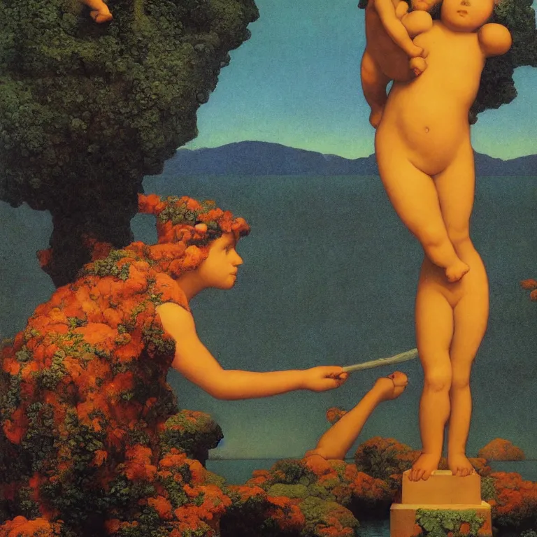 Image similar to A Monumental Public Sculpture of a 'Giant Baby made of Coral Staring upward' on a pedestal by the lake, surreal oil painting by Maxfield Parrish and Max Ernst shocking detail hyperrealistic!! Cinematic lighting