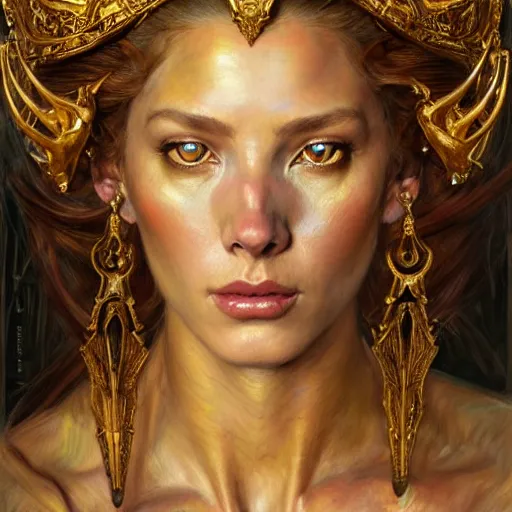 Image similar to highly detailed portrait of a majestic lioness queen in the form of a beautiful woman. d & d. art by donato giancola, eugene delacroix, ruan jia, carl larsson, peter mohrbacher. trending on artstation, intricate details, energetic composition, golden ratio, concept art, illustration, elegant art, global illuminaition