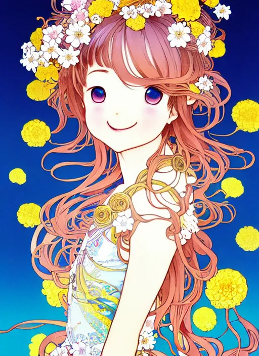 Prompt: exquisite imaginative manga poster art of a smiley girl, long wavy hair, flowers, rococo dress, dove, shimmering, by kojima ayami, shigenori soejima, minaba hideo, alphonse mucha, jump comics, shogakukan, art nouveau, illustration, artstation, highly detailed, 8 k, fluorescent, maximalist