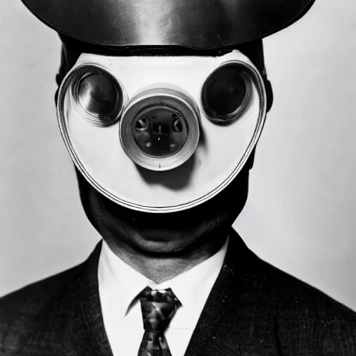 Prompt: man wearing a reel projector mask, in a suit, 1960 photograph
