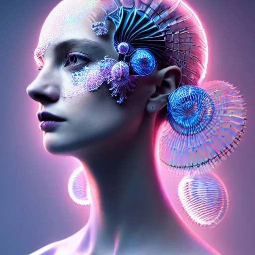 Prompt: portrait of an absurdly beautiful, graceful, sophisticated, fashionable cyberpunk mechanoid, hyperdetailed illustration by irakli nadar, matt wisniewski style, intricate linework, white porcelain skin, iridescent fractal headdress, day - glow facepaint, jellyfish ruff neckware, unreal engine 5 highly rendered, global illumination, radiant light, detailed and intricate environment