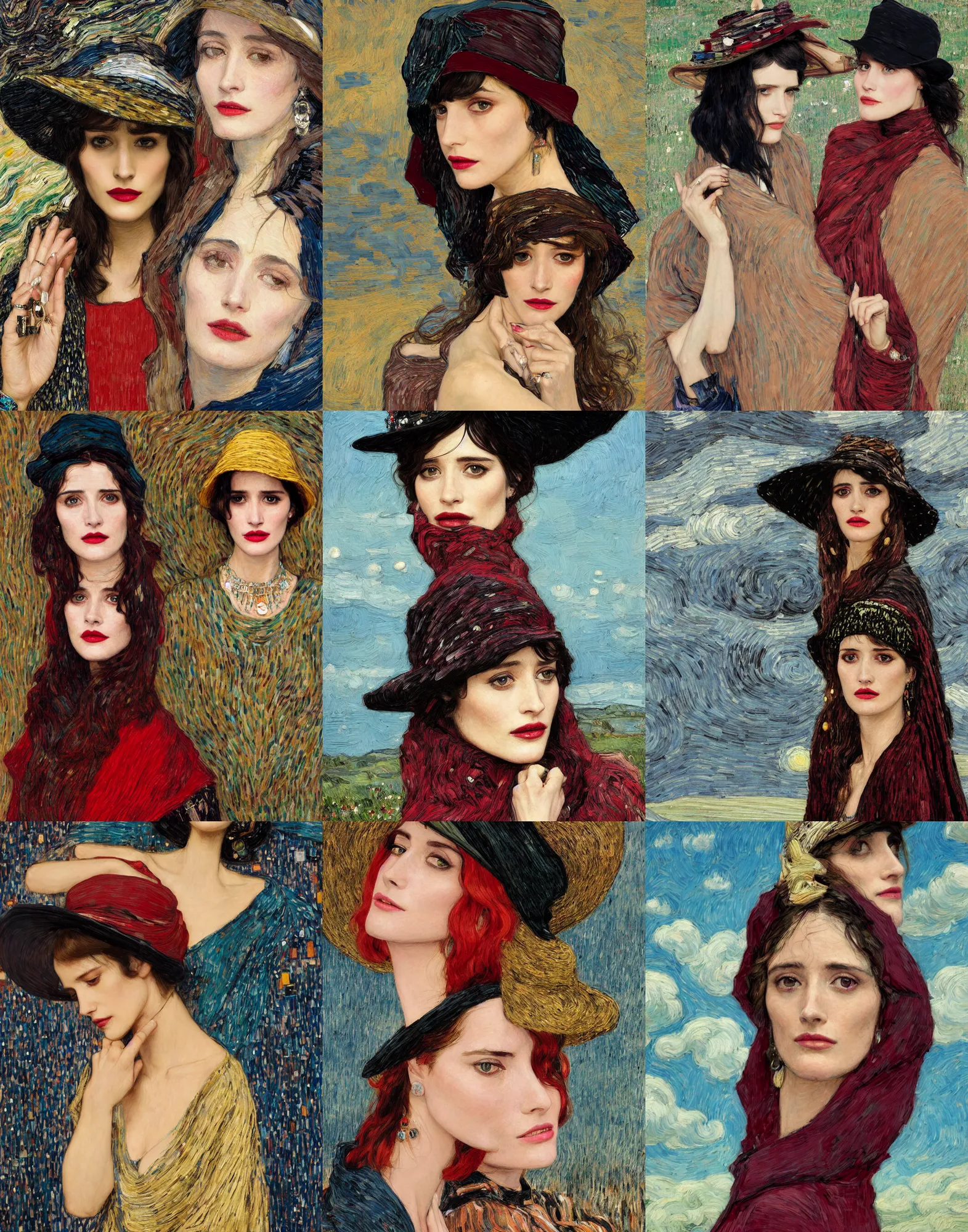 Prompt: portrait of fashionable young woman wearing rich jewerly hat and boho poncho at night, eva green and Gemma Arterton, red light, dark make up on her face, sitting dynamic pose, Low poly, thunder clouds in the sky, artwork by john william waterhouse and Denis Sarazhin and klimt and studio ghibli background and van gogh and Dean Ellis and Detmold Charles Maurice, levitation, industrial rusty pipes, simple form, brutal shapes