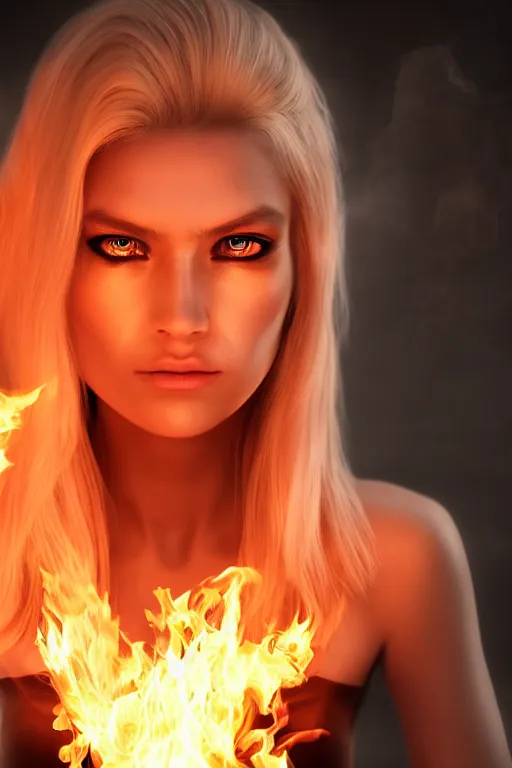 Image similar to gorgeous young blonde woman playing with flames coming out of her eyes wearing t-shirt, cyberpunk, realistic, high definition, many details, dramatic scene, symmetrical face, realistic eyes, unreal engine art 5