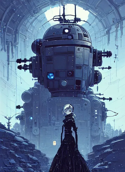Image similar to highly detailed portrait of a moody frostpunk long blonde hair lady with mecha droid robot companion, stray wiring by atey ghailan, james gilleard, by joe fenton, by greg rutkowski, by greg tocchini, by kaethe butcher, 4 k resolution, gradient blue, black and white color scheme!!! ( ( glaciated dystopian city background ) )