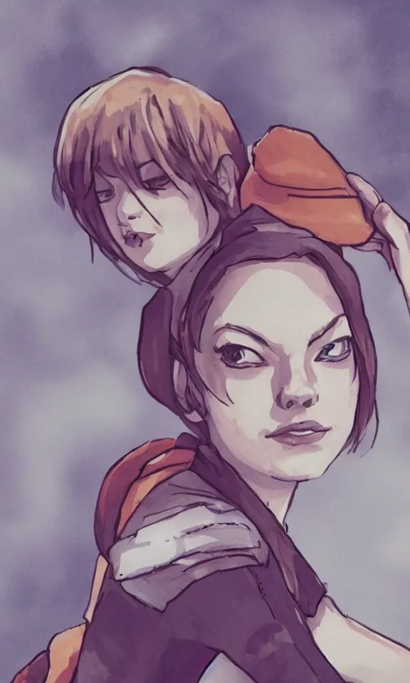 Image similar to Emma Stone in konoha village. In the art style of alexandre chaudret