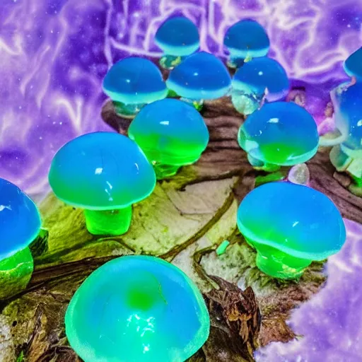 Image similar to blue glowing jello mushrooms in a mystical forest, high detail