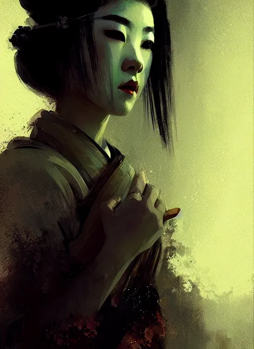 Image similar to female geisha girl, night vision, beautiful face, rule of thirds, intricate outfit, spotlight, by greg rutkowski, by jeremy mann, digital painting