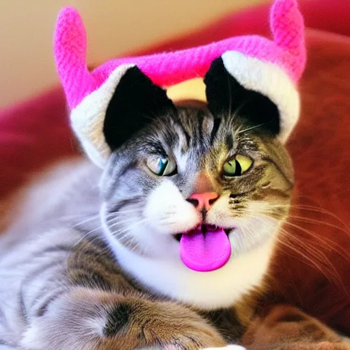 Image similar to cute cat photo licking tongue, wearing wool hat cat ears