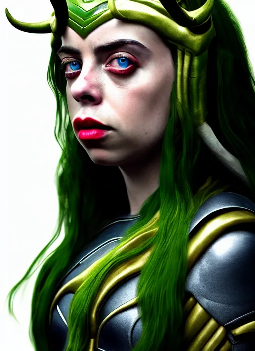 Prompt: Billie Eilish as Female Loki, Goddess of Mischief, sci fi, elegant, olive skin color, hyper realistic, hyper detail, very detailed, digital art, trending on artstation, smooth render, 8k octane render,
