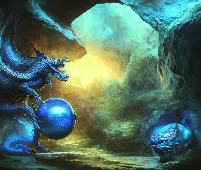 Image similar to a little spherical blue slime looking to a sitting black dragon inside a cave with magic crystals, hyperrealistic, digital art, concept art, octane render, unreal engine 5, trending on DeviantArt, trending on DeviantArt, highly detailed, high quality, 8K HDR, path traced, anatomically correct, geometric, cinematic, high coherence