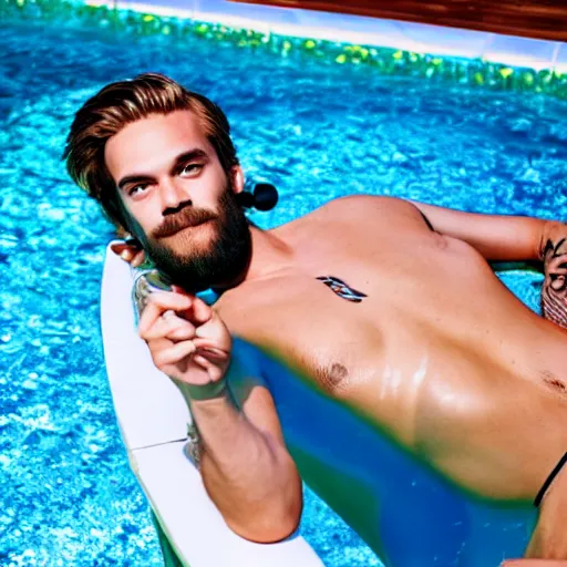 Prompt: pewdiepie lounging in a luxurious pool, detailed, cinematic lighting