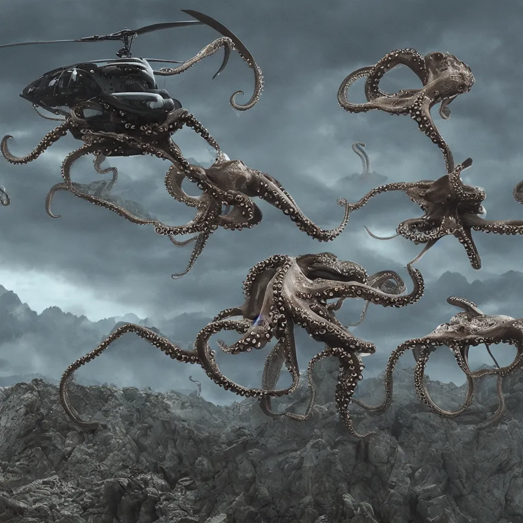 Prompt: organic octopus helicopter flying over a mountainous alien landscape, dramatic sci-fi movie still