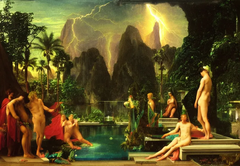 Image similar to Palace of the chalice, refracted sparkles, thunderstorm, greek pool, beach and Tropical vegetation on the background major arcana sky, by paul delaroche, hyperrealistic 4k uhd, award-winning, very very very detailed