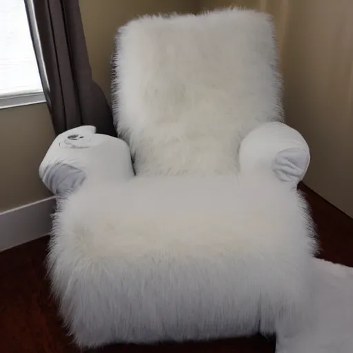 Prompt: a recliner covered in long white fur