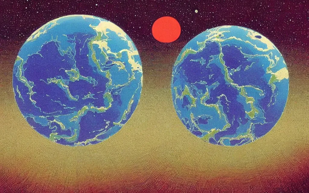 Image similar to planet earth seen from very very far away with the empty cosmic landscape on the background. Retro modern art by jean giraud.