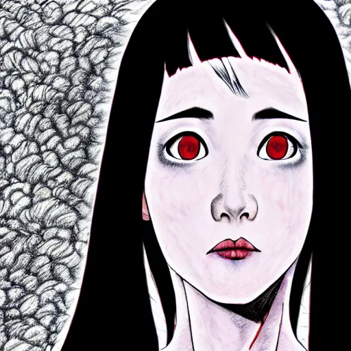 Prompt: a white girl withblack hair by junji ito, colored, realistic