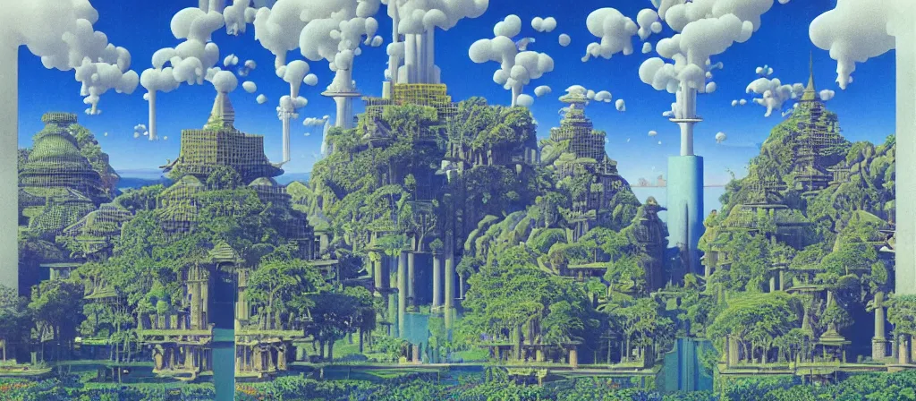 Image similar to huge gargantuan angular dimension of pagoda liminal spaces, temples by escher and ricardo bofill. utopian singaporean landscape by roger dean. magical realism, royal blue surrealism, lush sakura trees, waterfalls, thunder, lightning, cyberpunk, shot from below, epic scale