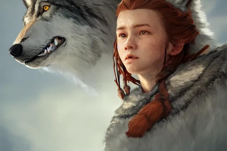 Prompt: Aloy living with wolves, highly detailed, photorealistic, reflections, smooth, sharp focus, concept art, illustration, beautiful, geometric, trending on artstation, cinematic, featured on behance , artwork by WLOP and Tran, Ross