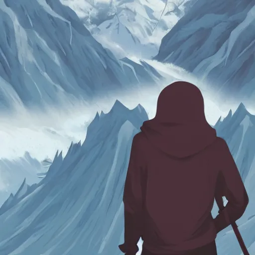 Image similar to person with hoodie walking up a mountain with a backpack that has katanas on the sides by carrie south, anime, amazing composition, astonishing detail, smooth lines, beautiful scenery