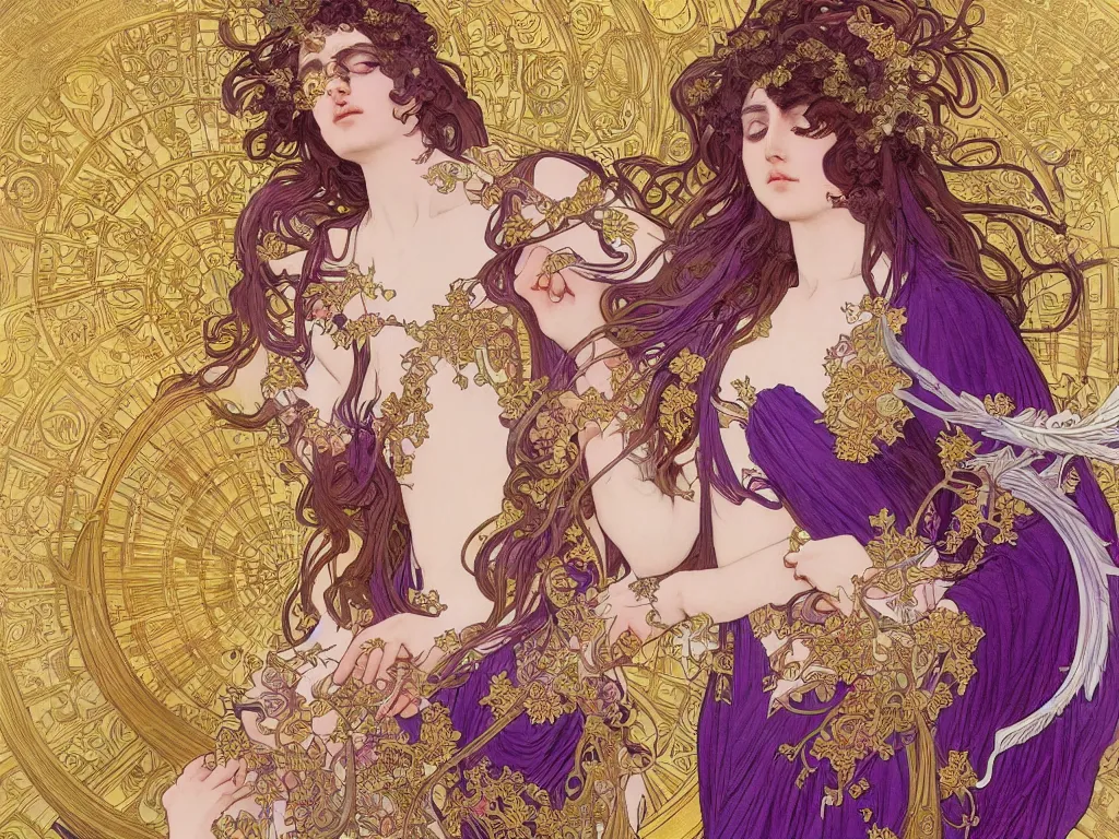 Image similar to thanatos, god of peaceful death, closed eyes, long hair, wearing ornate silk and lace clothes, gold jewelry, moon, purple feathers, by Alphonse Mucha, by artgerm, rule of thirds, super detailed, 8k