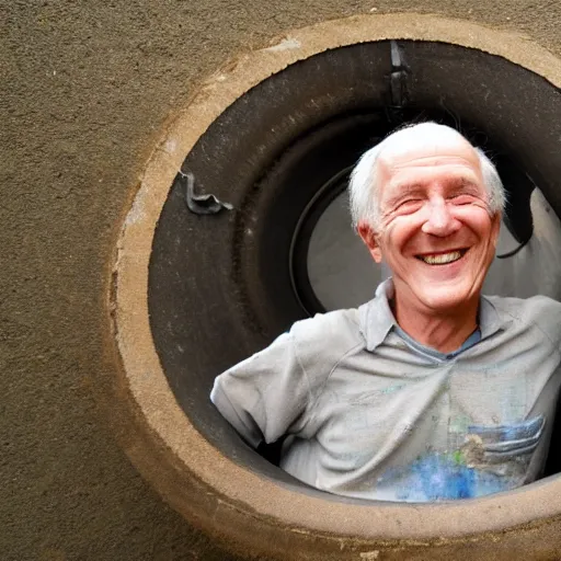 Image similar to a smiling old man in a sewage pipe