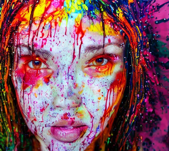 Image similar to still shot footage of a portrait of a female angel's head morphs into acrylic pour and coloured powder explosion and splashing paint and dripping paint and flying paint chunks, closing eyes, motion blur, hyperrealistic, medical, intricate art photography, hyperrealistic, anatomically correct, realistic crisp textures, 1 6 k