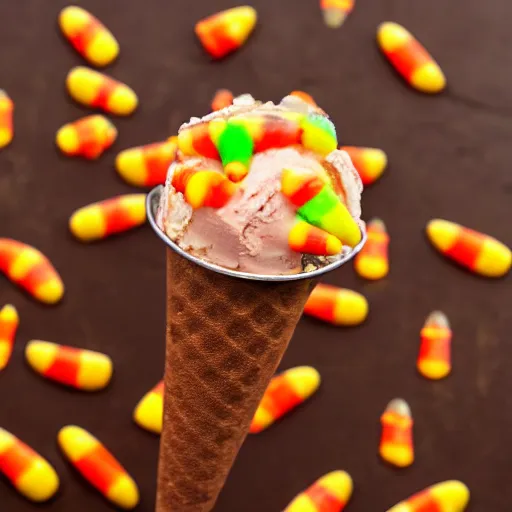 Prompt: a detailed photograph of an ice cream cone studded with candy corn like a medieval mace.