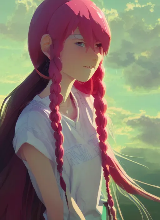 Prompt: young woman with green eyes and long pink hair in braids, tone mapped, highly detailed, digital painting, pixiv, concept art, smooth, sharp focus, illustration, by makoto shinkai and akihiko yoshida