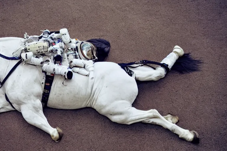 Image similar to horse lying on an astronaut