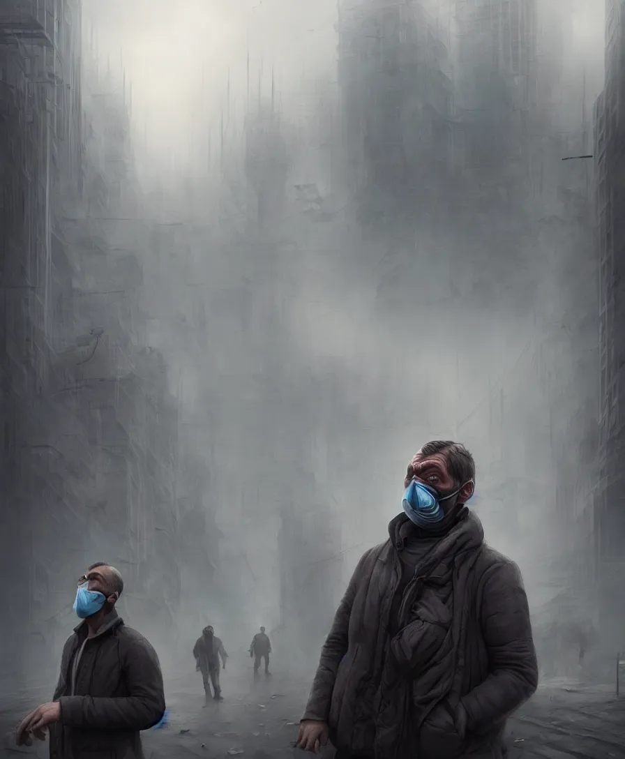 Image similar to a man suffering due to high air pollution in future, concept art, digital painting, people are wearing masks, wide angle shot, in the style of greg rutwoski, very hyper realistic, highly detailed, fantasy art station