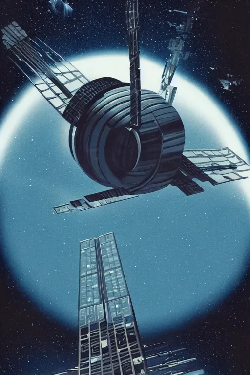 Image similar to poster of huge space station over earth, 1 9 5 0 s style, futuristic design, dark, symmetrical, washed out color, centered, art deco, 1 9 5 0's futuristic, glowing highlights, intense