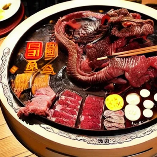 Image similar to high - end hot pot restaurant serving chinese dragon meat