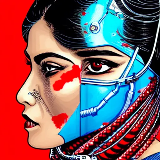 Prompt: a profile photo of a pakistani woman with a diving oxygen mask with side profile blood in ocean intricate details by MARVEL comics and Sandra Chevrier-C