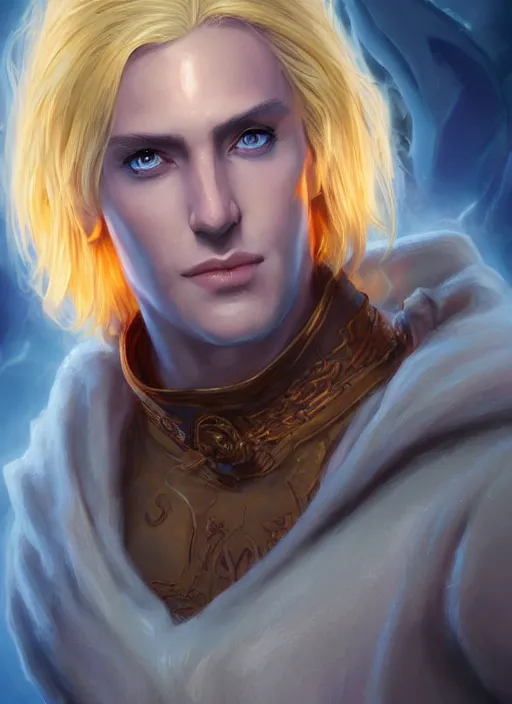 Image similar to male priest blonde parted hair healer, dndbeyond, bright, colourful, realistic, dnd character portrait, full body, pathfinder, pinterest, art by ralph horsley, dnd, rpg, lotr game design fanart by concept art, behance hd, artstation, deviantart, global illumination radiating a glowing aura global illumination ray tracing hdr render in unreal engine 5