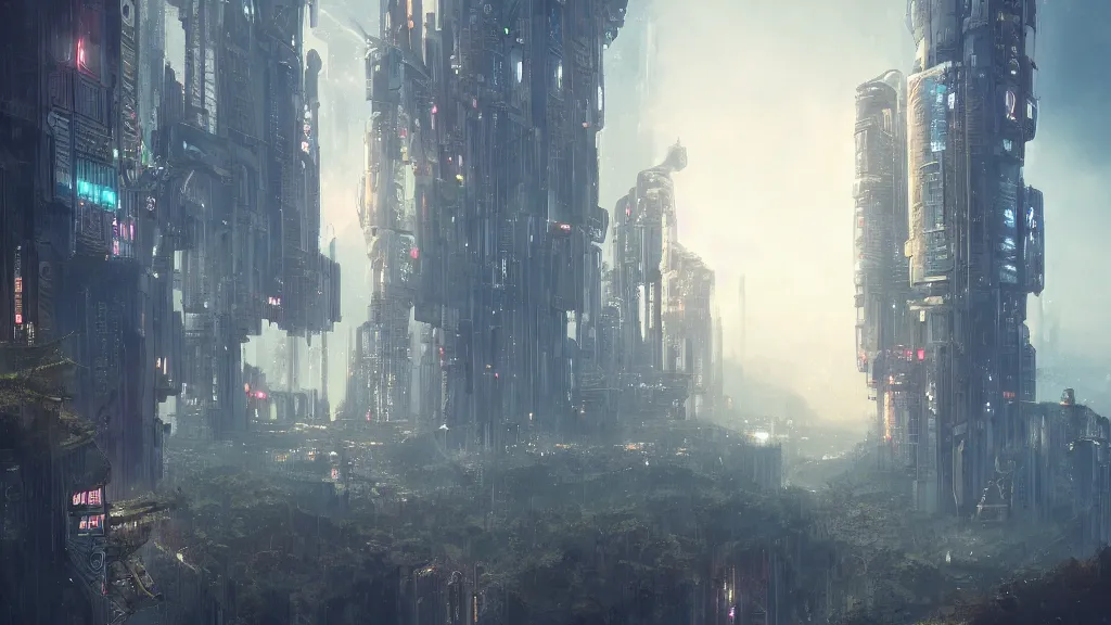 Prompt: one single DYSTOPIAN CYBERPUNK SKYSCRAPER ON A TALL Forrest MOUNTAIN, fantasy artwork, award winning, very very very beautiful scenery, artstation