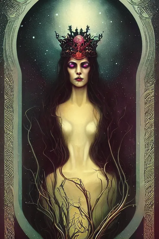 Image similar to jeweled Crown, other worldly, cruel and dark, art nouveau, by Anato Finnstark, Tom Bagshaw, Brom