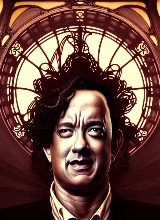 Image similar to portrait of tom hanks, volumetric lights, feast, music notes, art nouveau botanicals, gothic, intricate, highly detailed, digital painting, artstation, concept art, smooth, sharp focus, symmetric face, illustration, steampunk, art by artgerm and greg rutkowski and alphonse mucha