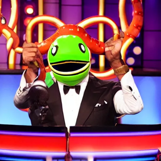 Image similar to steve harvey with horrifying tentacle arms and snake moustache, hosting family feud