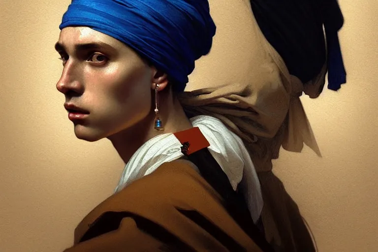 Image similar to Boy with a black pearl earring, portrait, sharp focus, intricate, elegant, digital painting, artstation, matte, highly detailed, concept art, illustration, ambient lighting, art by artgerm, Alphonse mucha, and Greg Rutkowski