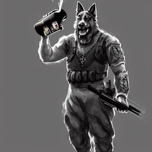 Image similar to a humanoid german shepherd beast - man in military style, holding a bottle of beer, artstation, concept art, smooth, sharp foccus ilustration, artstation